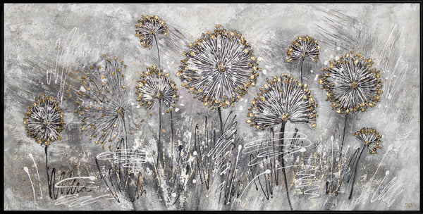 Håndmalet lærredsbillede med struktur i grå og guld "Forårsblomster"