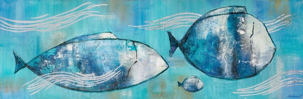 Håndmalet acrylmaleri „Rejsende fisk“ med maritim farvepalette