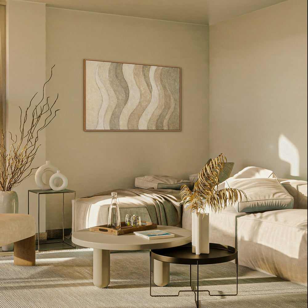 Håndmalede naturlige toner – Moderne indrammede lærredsmalerier “Skygge og sand”