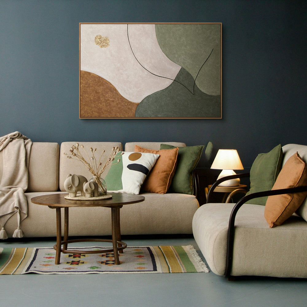 Håndmalet akrylkunst – Moderne vægmaleri i grønt og beige “Dalenes hvisken”