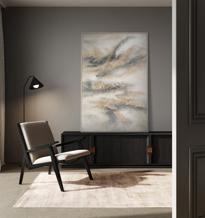 Håndmalet akrylmaleri i grå & guld – Abstrakt vægdekoration "Skyernes melodi"