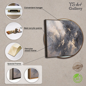 Moderne akrylmaleri i grå og guld med ramme – Abstrakt vægkunst “Sky Glow”