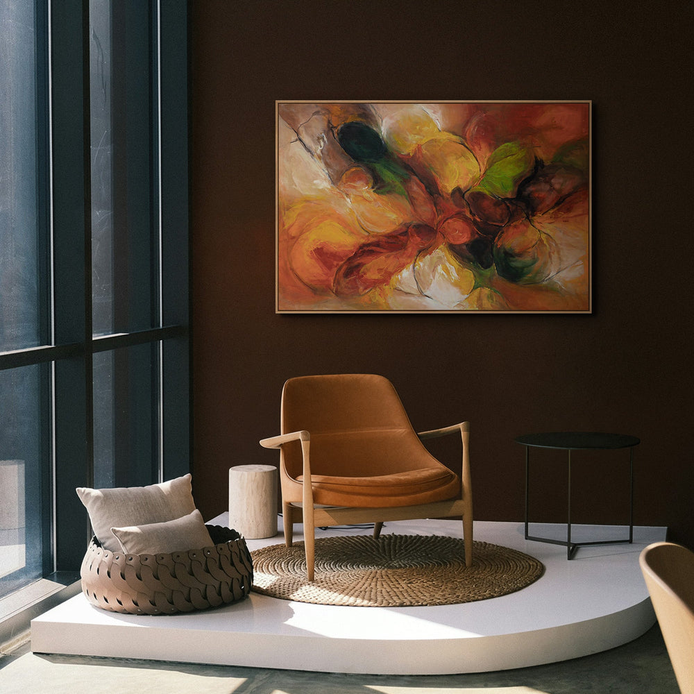 Håndmalet lærredsbillede i naturlige farver – Abstrakt maleri med ramme “Efterårsdans”