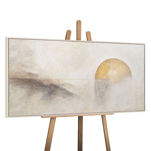 Håndmalet lærredsmaleri moderne – Abstrakt vægkunst "Horisontlinje" i beige & guld