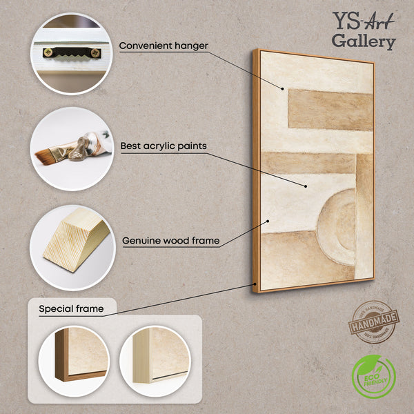 Håndmalet abstrakt akrylmaleri i beige med ramme – Moderne vægkunst “Formernes Rum”