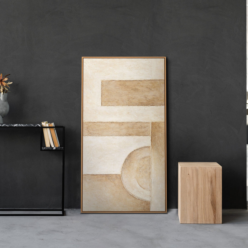 Håndmalet abstrakt akrylmaleri i beige med ramme – Moderne vægkunst “Formernes Rum”