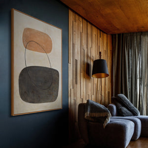 Moderne maleri i beige og grå med ramme – Abstrakt kunst “Kontrasternes balance”