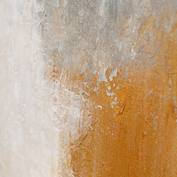 Abstrakt maleri med ramme - Moderne vægkunst i beige, blå og guld "Lysovergange"