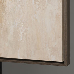 Abstrakt maleri med ramme - Moderne vægkunst i beige, blå og guld "Lysovergange"