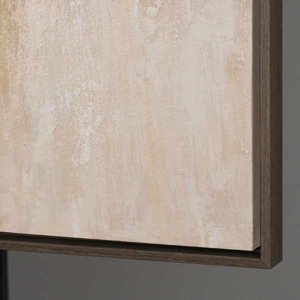 Abstrakt maleri med ramme - Moderne vægkunst i beige, blå og guld "Lysovergange"