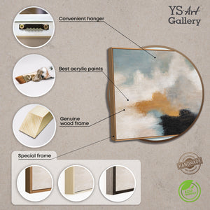 Abstrakt maleri med ramme - Moderne vægkunst i beige, blå og guld "Lysovergange"