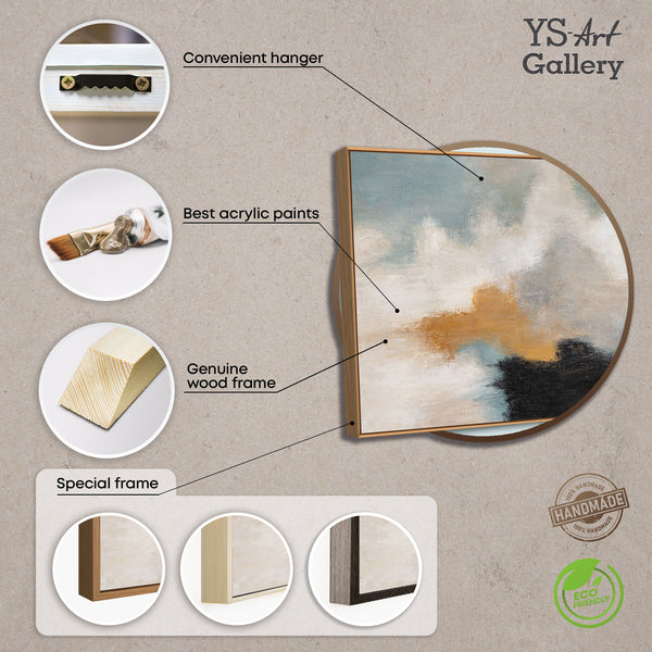 Abstrakt maleri med ramme - Moderne vægkunst i beige, blå og guld "Lysovergange"