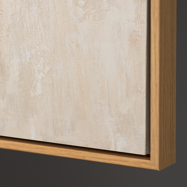 Abstrakt maleri med ramme - Moderne vægkunst i beige, blå og guld "Lysovergange"