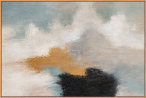 Abstrakt maleri med ramme - Moderne vægkunst i beige, blå og guld "Lysovergange"