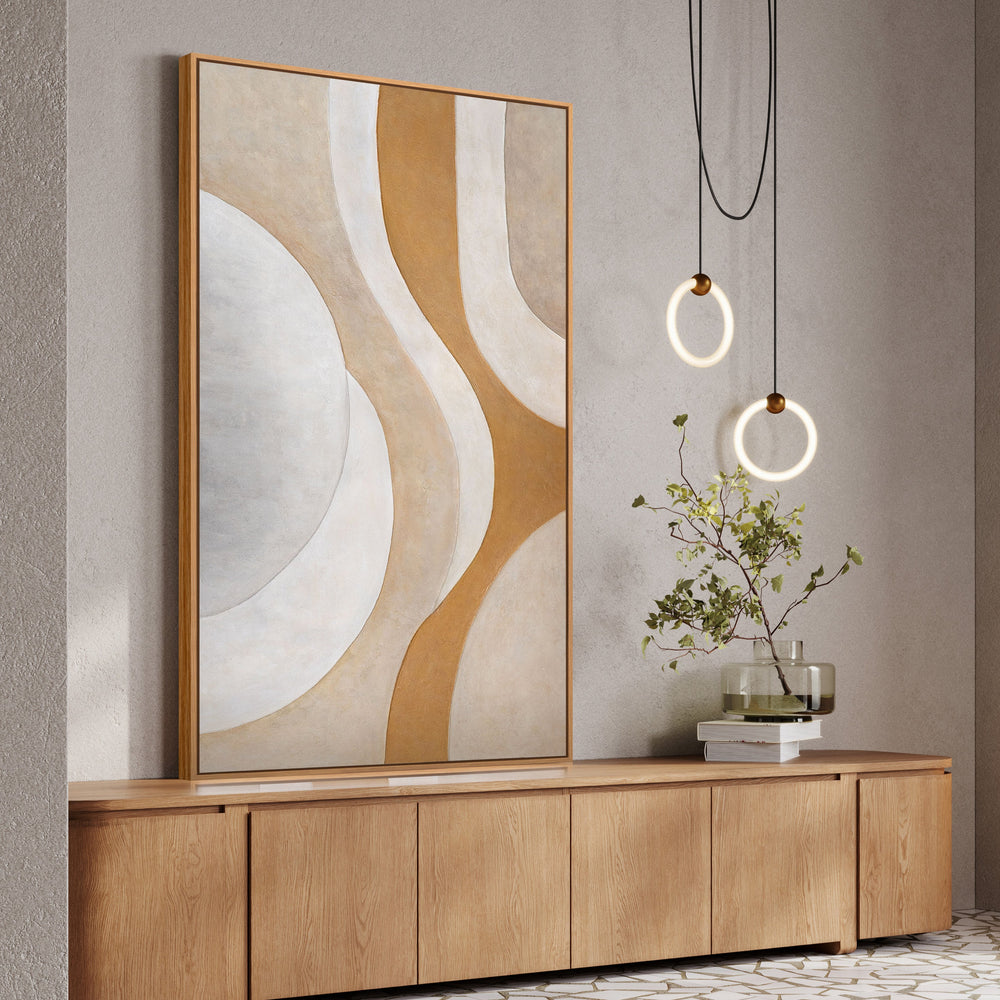 Abstrakt akrylmaleri i varme, naturlige toner - Moderne indrammet maleri "Heat Flow"