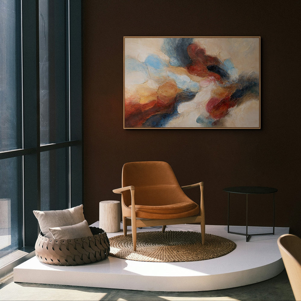 Håndmalet akrylmaleri med ramme – Moderne vægkunst i blå og rød “Musik i farver”