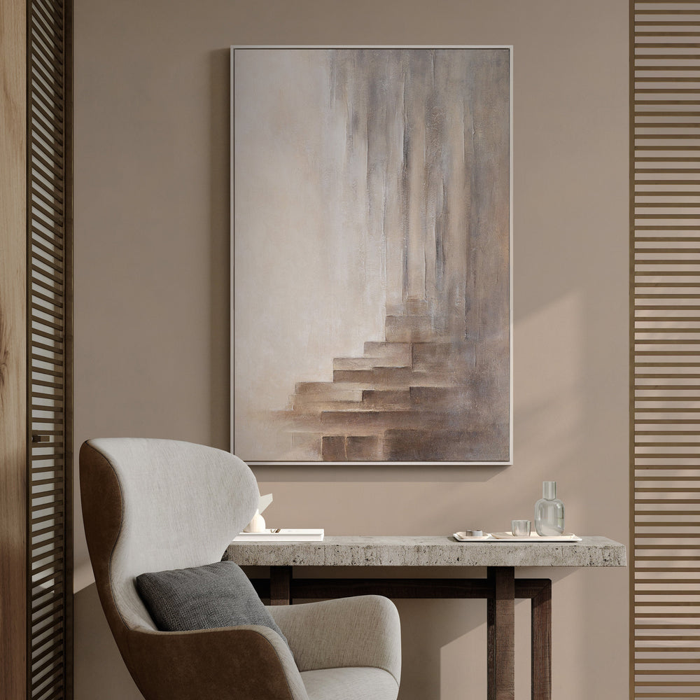 Minimalistisk abstrakt vægkunst med dybde – indrammet akrylmaleri “Illusionens grænser”