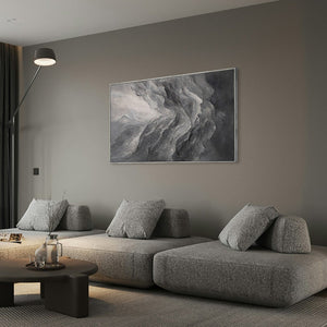 Moderne abstrakt akrylmaleri i grå – tekstureret vægkunst med ramme “Memory of the Rocks”