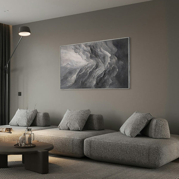 Moderne abstrakt akrylmaleri i grå – tekstureret vægkunst med ramme “Memory of the Rocks”