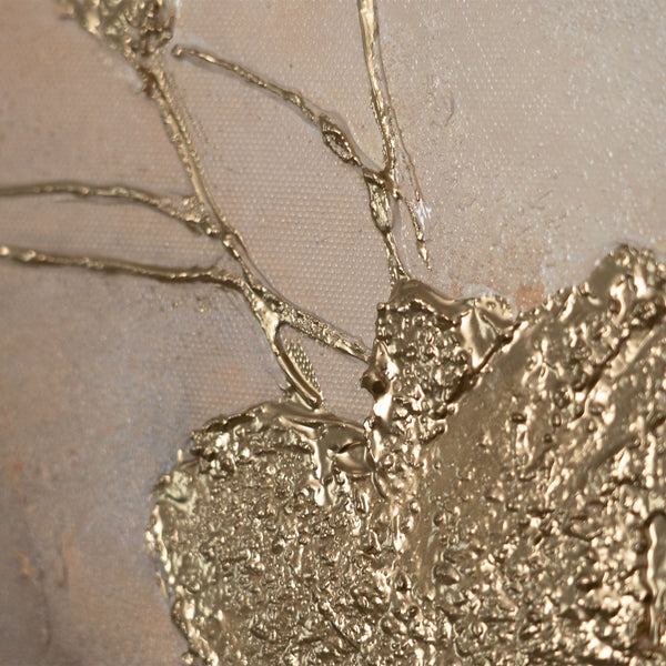 Leinwandbild mit Rahmen „Leuchten in den Wolken“ – Abstrakte Blumen in Goldtönen