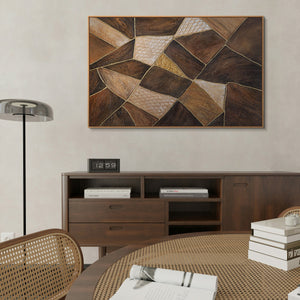 Geometrisches abstraktes Leinwandbild in Holzoptik mit Brauntönen