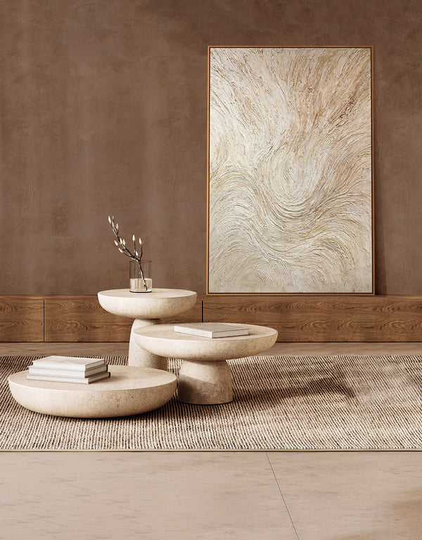 Håndmalet abstrakte malerier med ramme „Træstrøm“ – moderne kunst i beige og creme