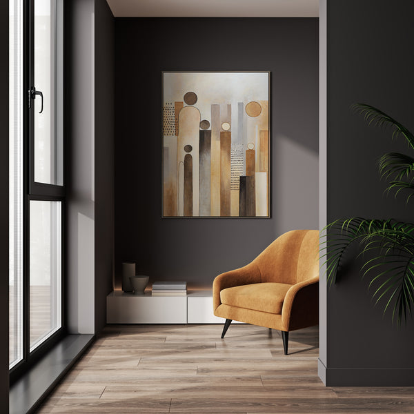 Handmalet Lærredsbillede „Byen af Figurer“ – Moderne Vægkunst i Geometrisk Stil