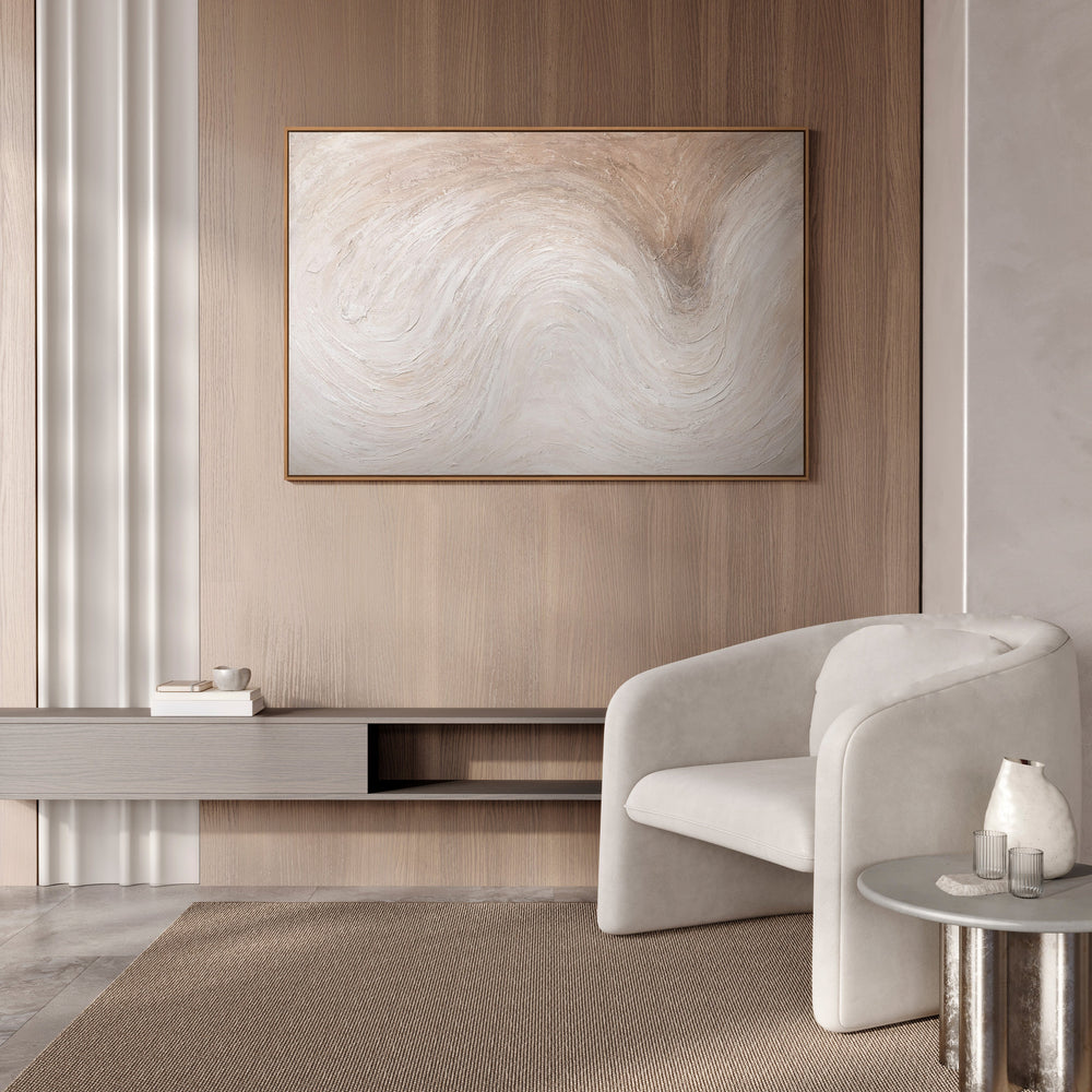 Abstrakt lærredsmaleri "Lysstrøm" i lyse, naturlige toner i ramme