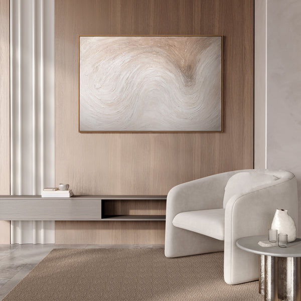 Abstrakt lærredsmaleri "Lysstrøm" i lyse, naturlige toner i ramme