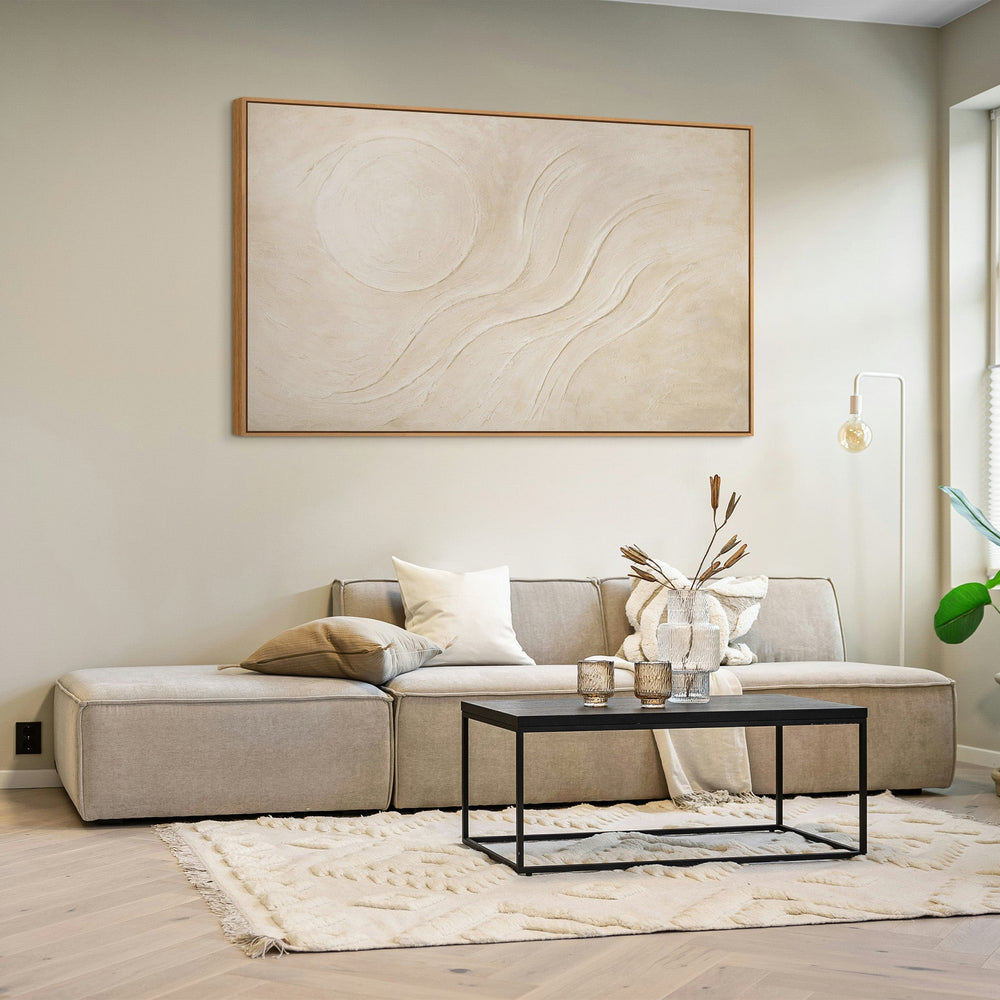 Abstrakt lærredsmaleri "Sandy Sun" i varme beige toner - moderne malerier med ramme