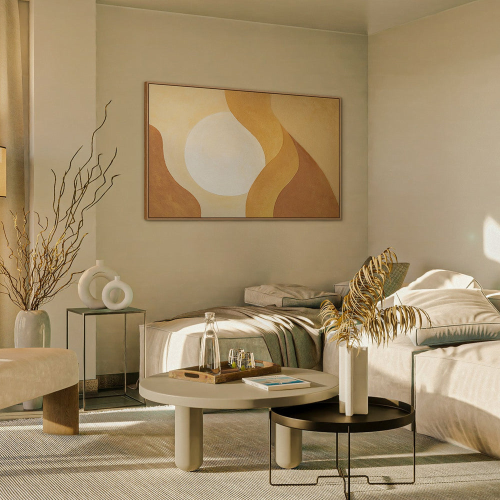 Rolig abstrakt kunst på lærred i en ramme med lys "Embrace of the Dawn"