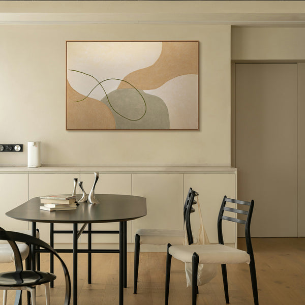 Abstrakt kunst på lærred i en ramme med blide linjer “Flettet sammen”