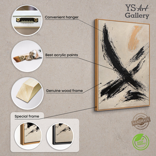 Handmalet Lærredsbillede „Penselstrøkkets Kraft“ – Abstrakt Kunst i Sort-Beige