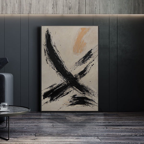 Handmalet Lærredsbillede „Penselstrøkkets Kraft“ – Abstrakt Kunst i Sort-Beige