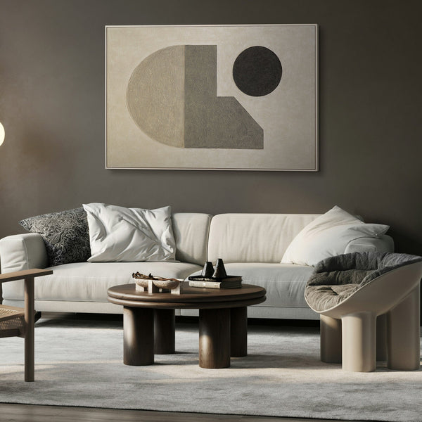 Moderne akrylmaleri i ramme, geometrisk lærredsmaleri "Geometriens stilhed"