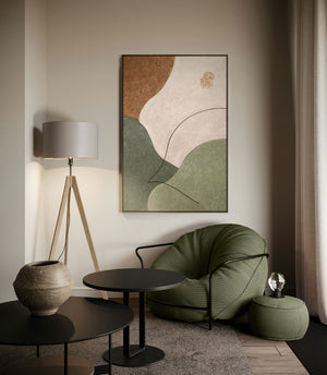 Abstrakt maleri på lærred med struktur i beige, grøn og guld – moderne vægkunst
