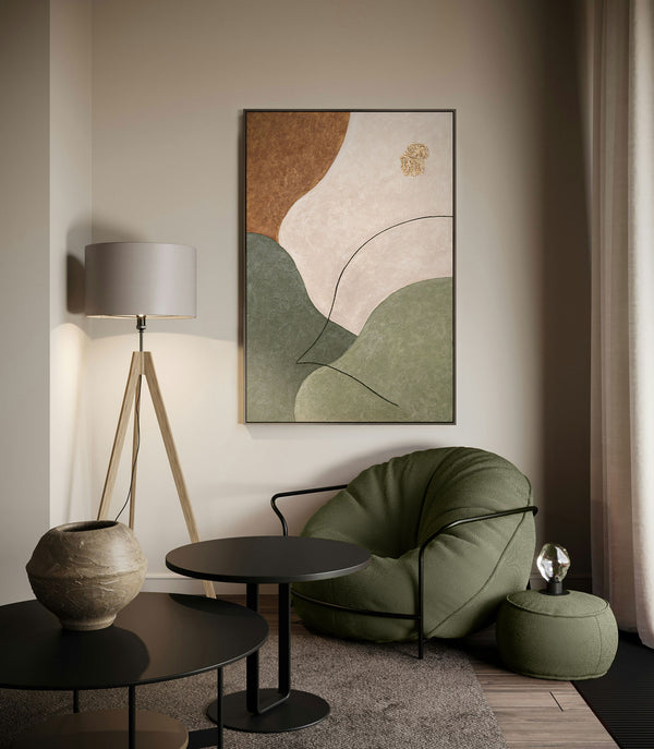 Abstrakt maleri på lærred med struktur i beige, grøn og guld – moderne vægkunst