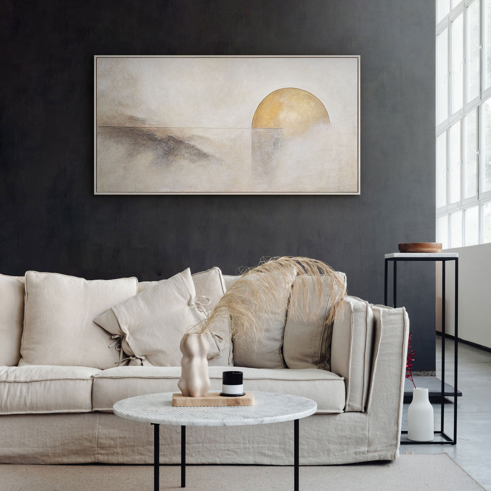 Håndmalet lærredsmaleri moderne – Abstrakt vægkunst "Horisontlinje" i beige & guld