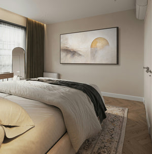 Håndmalet kunst på lærred „Horisontlinje“ – moderne kunst i beige og guld