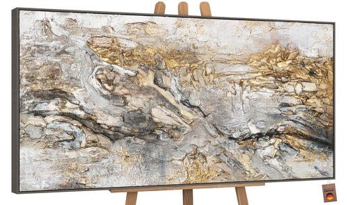 Abstrakt maleri håndmalet med ramme "Glød" – kunst til stuen med guld