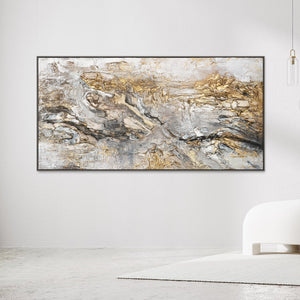 Abstrakt maleri håndmalet med ramme "Glød" – kunst til stuen med guld