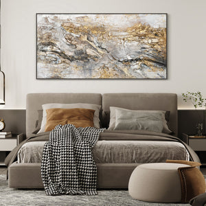 Abstrakt maleri håndmalet med ramme "Glød" – kunst til stuen med guld