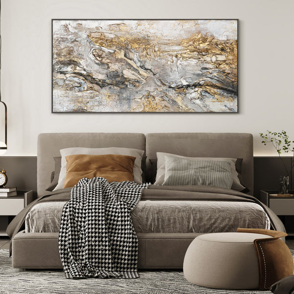 Abstrakt maleri håndmalet med ramme "Glød" – kunst til stuen med guld