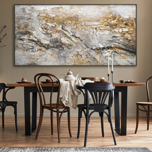 Abstrakt maleri håndmalet med ramme "Glød" – kunst til stuen med guld