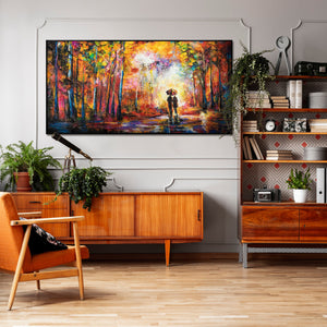 Håndmalet maleri med ramme "Romantik" – kunst til stuen i varme efterårsfarver