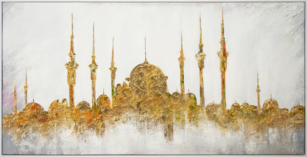 "Orientalsk Arkitektur" store abstrakte malerier i guld og hvid