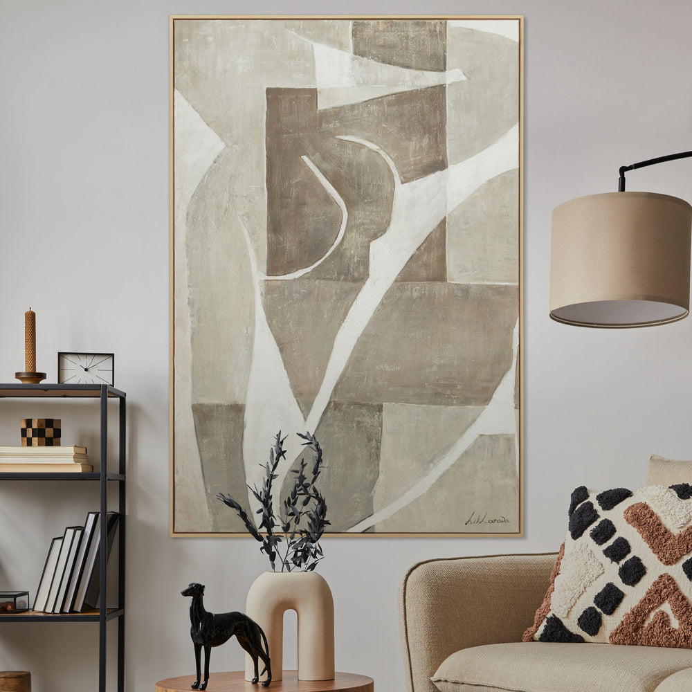Abstrakt maleri på lærred med ramme “Mery” – moderne kunst i beige og hvid