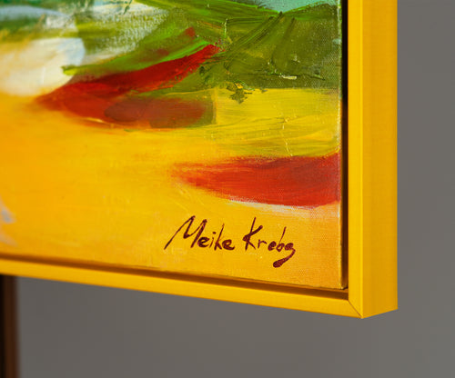 Moderne landskabsmaleri "Tidevand af Inspiration" – Abstrakt kunst med båd og huse