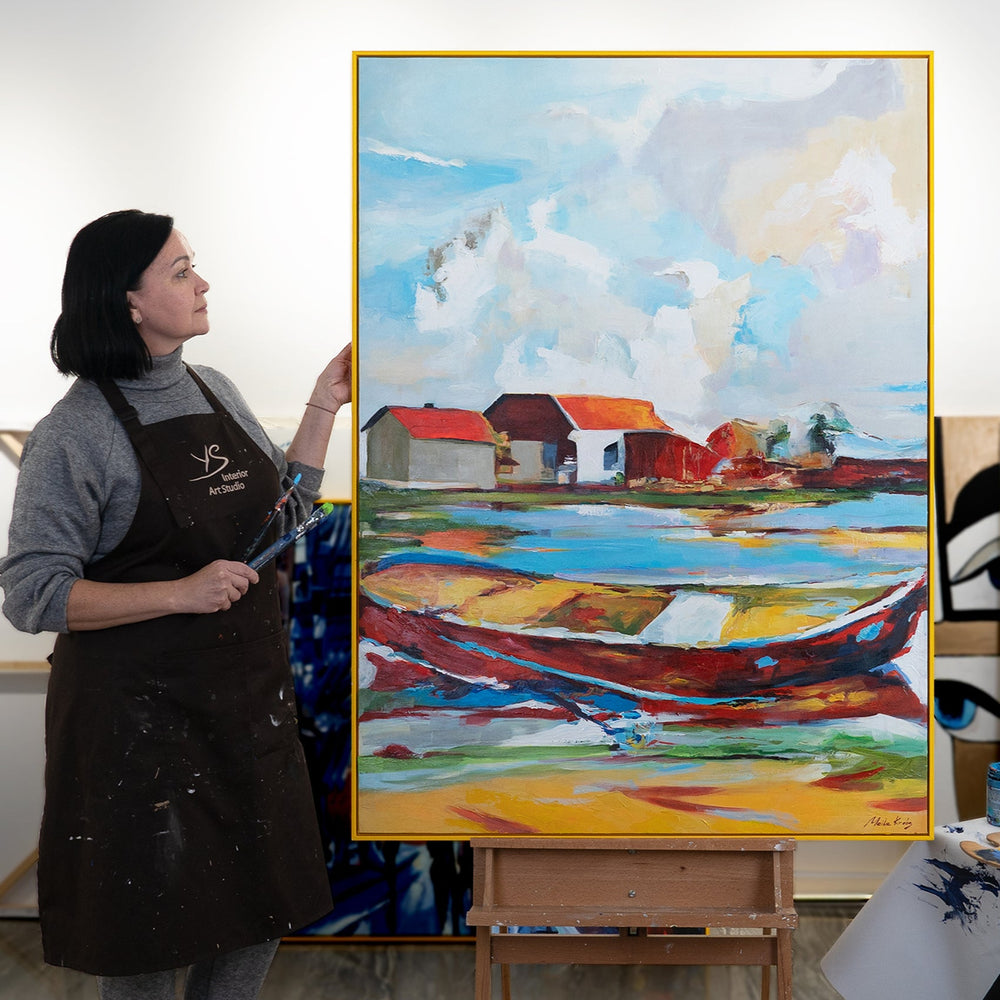 Moderne landskabsmaleri "Tidevand af Inspiration" – Abstrakt kunst med båd og huse