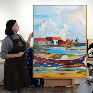 Moderne landskabsmaleri "Tidevand af Inspiration" – Abstrakt kunst med båd og huse